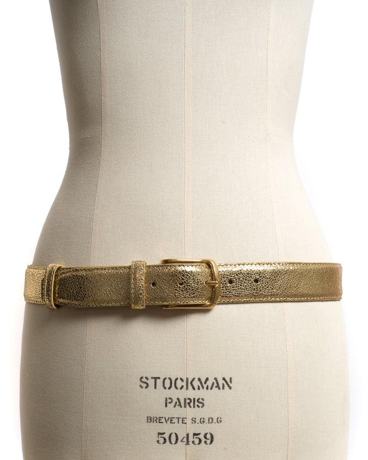 Anonymous Copenhagen Quinn Classic Unisex Leather Belt Crackled Metallic Goat Gold U0026 Gold Buckle