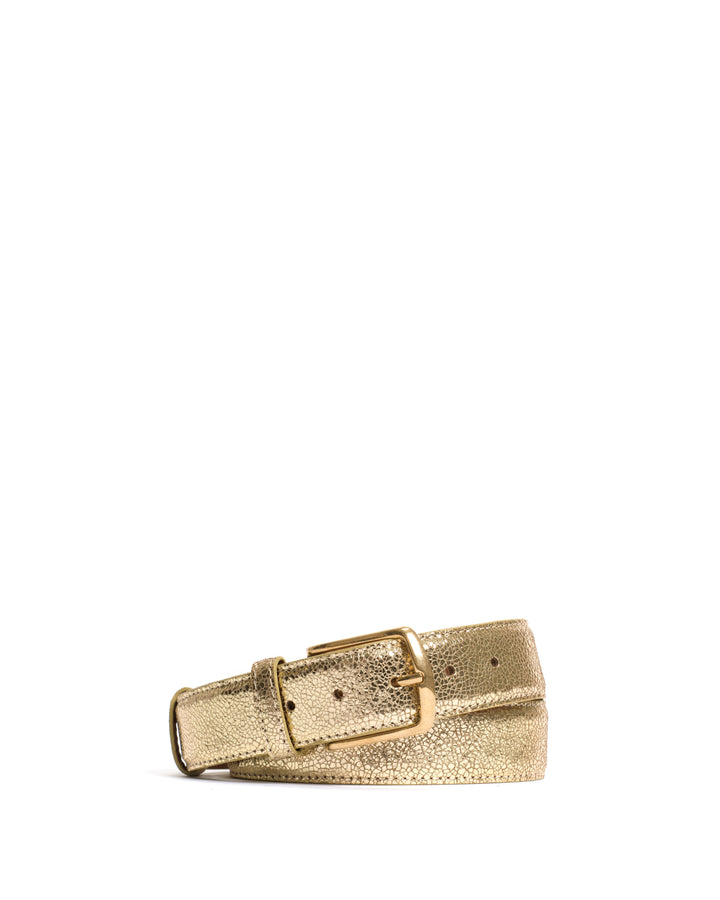 anonymous copenhagen Quinn classic unisex leather belt Crackled metallic goat Gold u0026 gold buckle