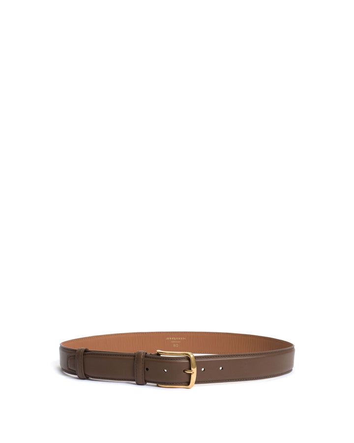 Anonymous Copenhagen Quinn Classic Unisex Leather Belt Soft Calf Dark Taupe U0026 Gold Buckle