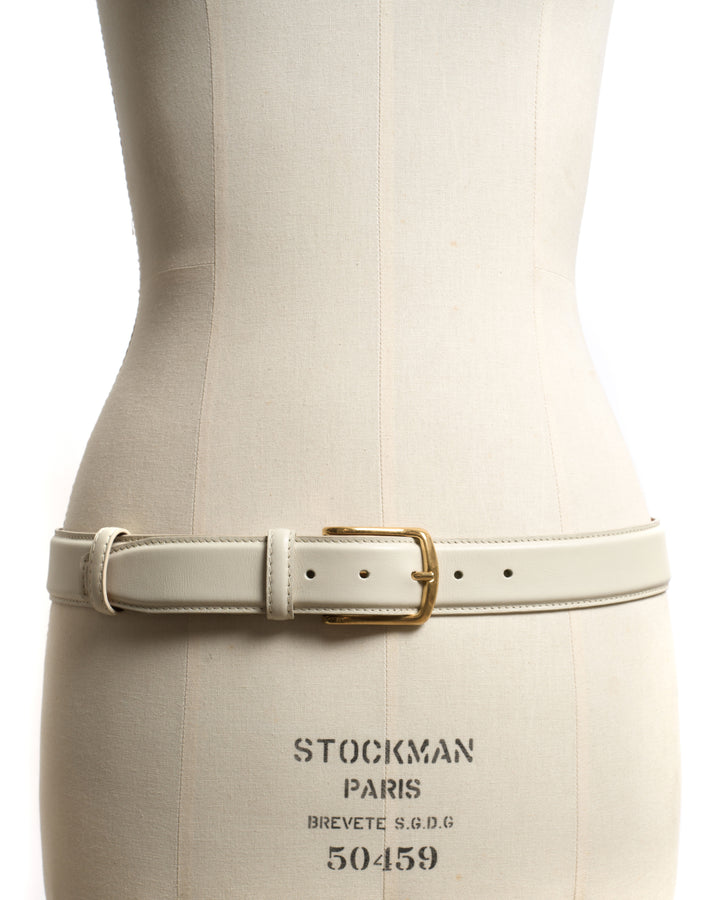 Anonymous Copenhagen Quinn Classic Unisex Leather Belt Soft Calf Milk White U0026 Gold Buckle