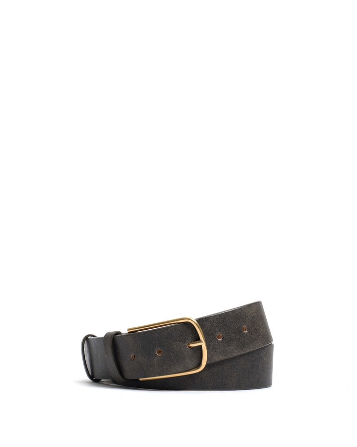 anonymous copenhagen Whane simple unisex leather belt Distressed vegetable tanned calf Off black u0026 gold buckle