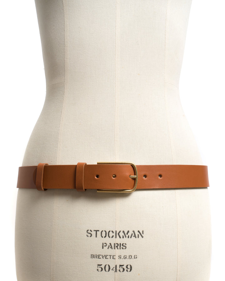 Anonymous Copenhagen Whane Simple Unisex Leather Belt Vegetable Tanned Calf Caramel U0026 Gold Buckle