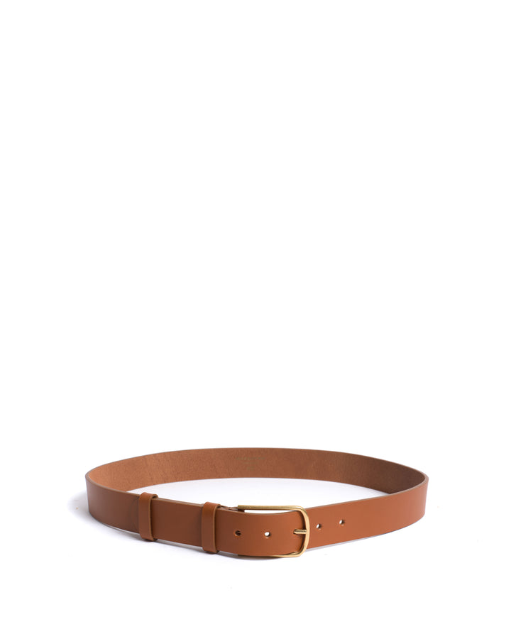 Anonymous Copenhagen Whane Simple Unisex Leather Belt Vegetable Tanned Calf Caramel U0026 Gold Buckle