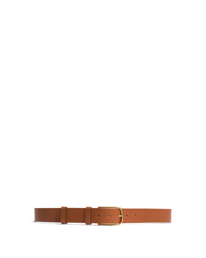 Anonymous Copenhagen Whane Simple Unisex Leather Belt Vegetable Tanned Calf Caramel U0026 Gold Buckle