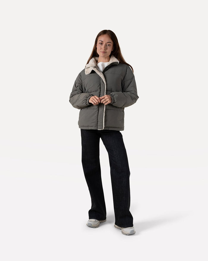 another label Mille teddy puffer Dusty olive