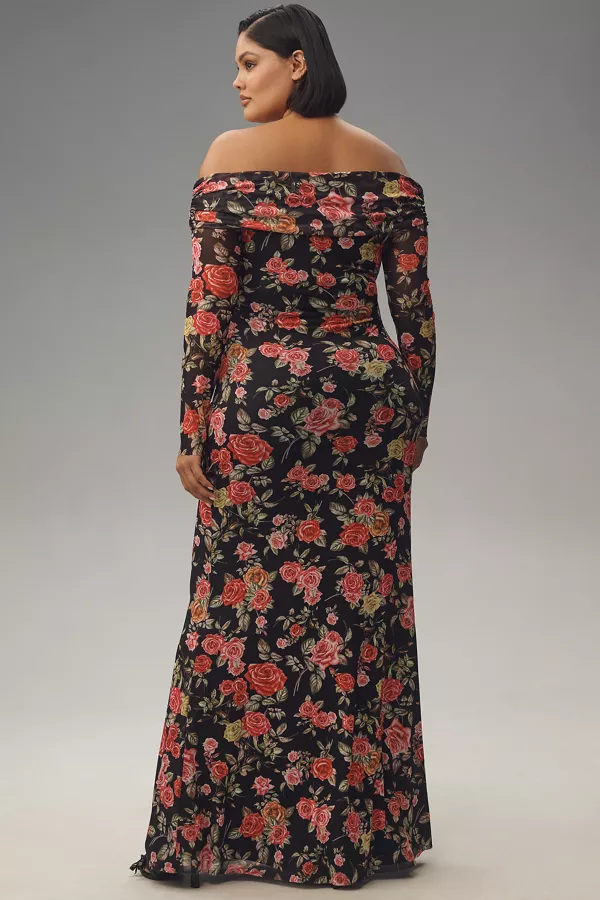 Anthropologie AFRM Long-Sleeve Off-The-Shoulder Mesh Maxi Dress Medium Pink