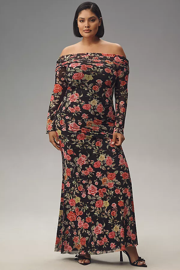 anthropologie AFRM Long-Sleeve Off-The-Shoulder Mesh Maxi Dress Medium Pink