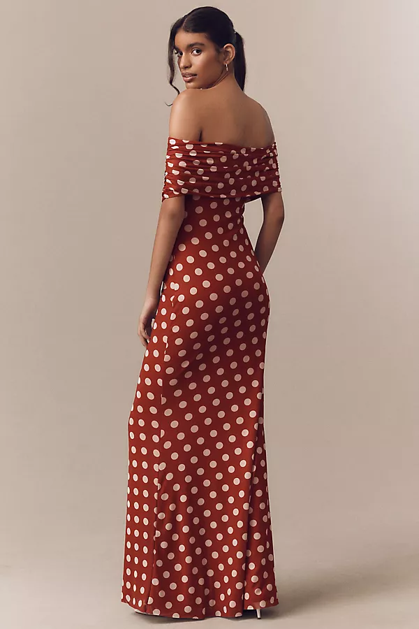 Anthropologie AFRM McCall Off-the-Shoulder Mesh Maxi Dress Rust Dot