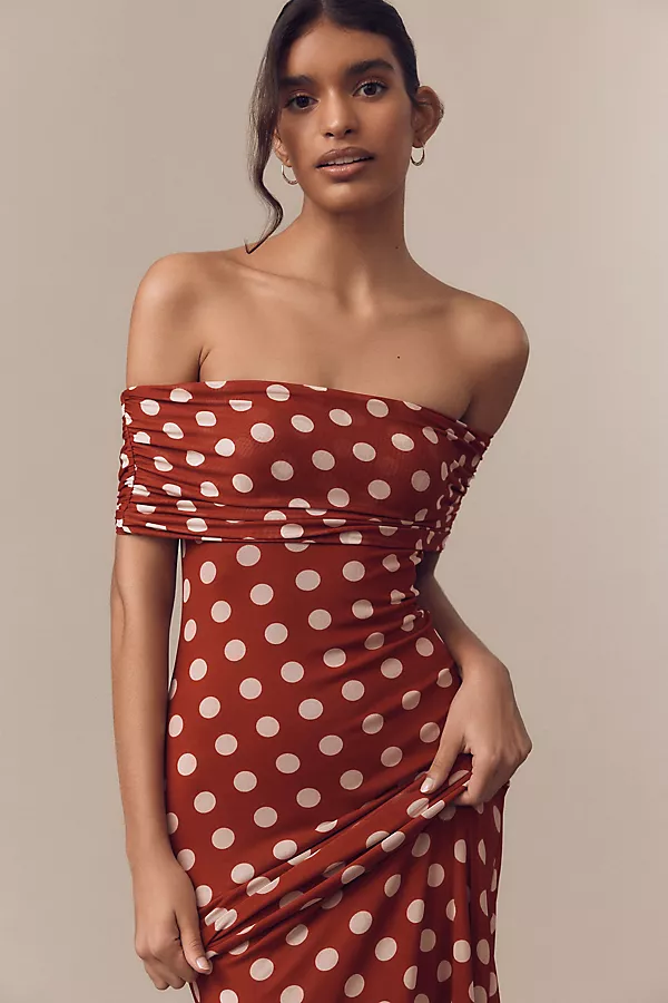 Anthropologie AFRM McCall Off-the-Shoulder Mesh Maxi Dress Rust Dot