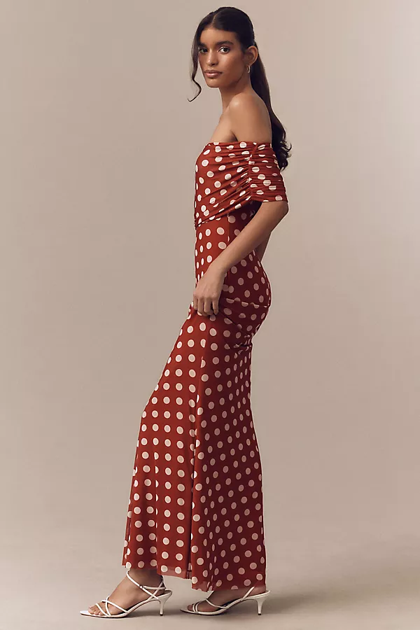 Anthropologie AFRM McCall Off-the-Shoulder Mesh Maxi Dress Rust Dot
