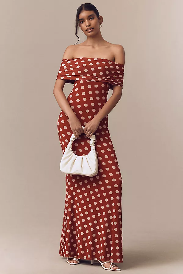 anthropologie AFRM McCall Off-the-Shoulder Mesh Maxi Dress Rust Dot