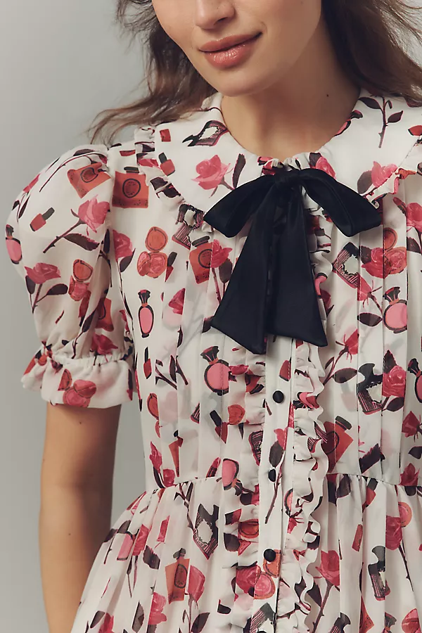 Anthropologie Anisa Makhoul X Maeve Puff-Sleeve Collared Bow-Front Pleated Mini Dress Pink Perfume & Roses
