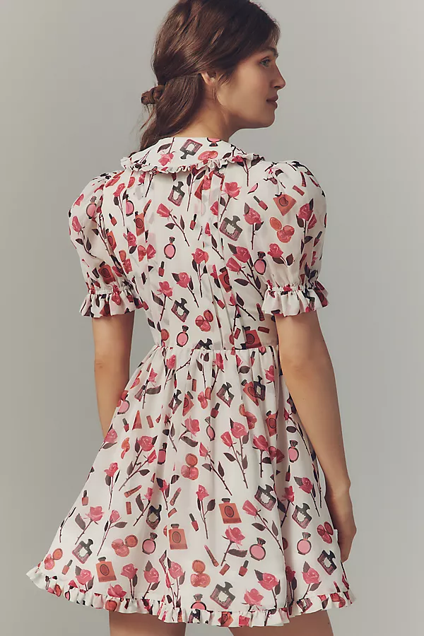 Anthropologie Anisa Makhoul X Maeve Puff-Sleeve Collared Bow-Front Pleated Mini Dress Pink Perfume & Roses