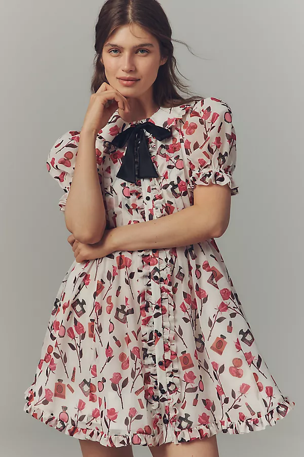 Anthropologie Anisa Makhoul X Maeve Puff-Sleeve Collared Bow-Front Pleated Mini Dress Pink Perfume & Roses