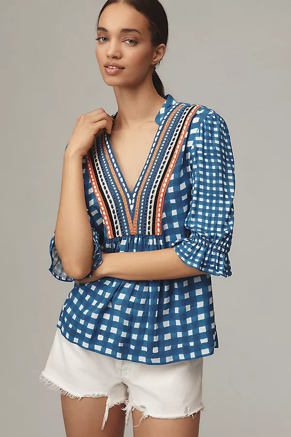 Anthropologie Bl-nk Stephanie Top Blue Gingham