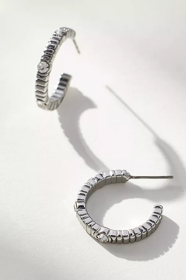 anthropologie Crystal Ribbed Hoop Earrings Silver
