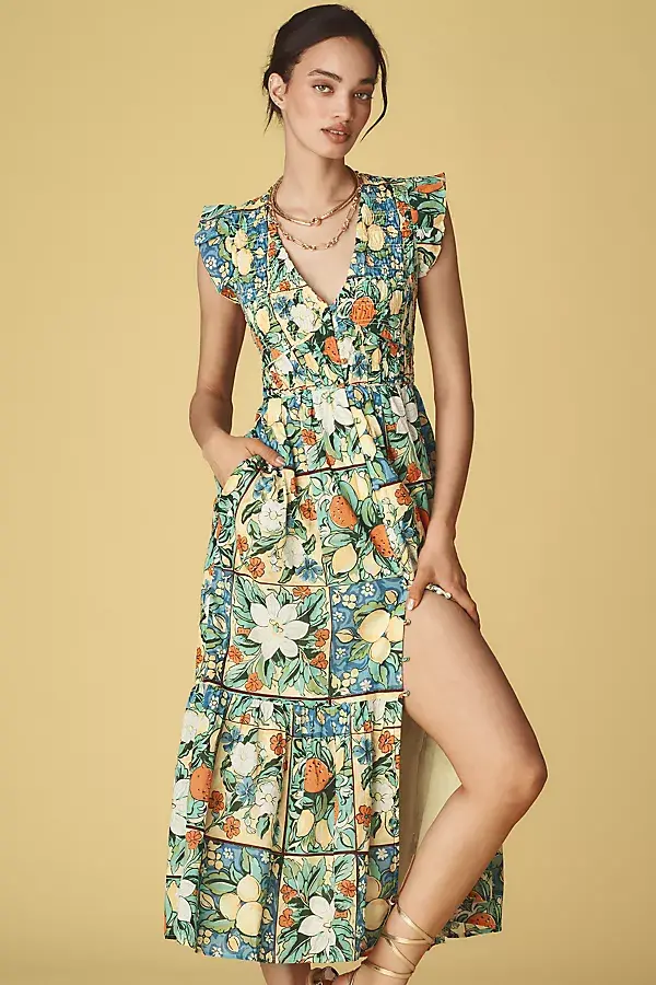 anthropologie The Peregrine Midi Dress Fruit Motif