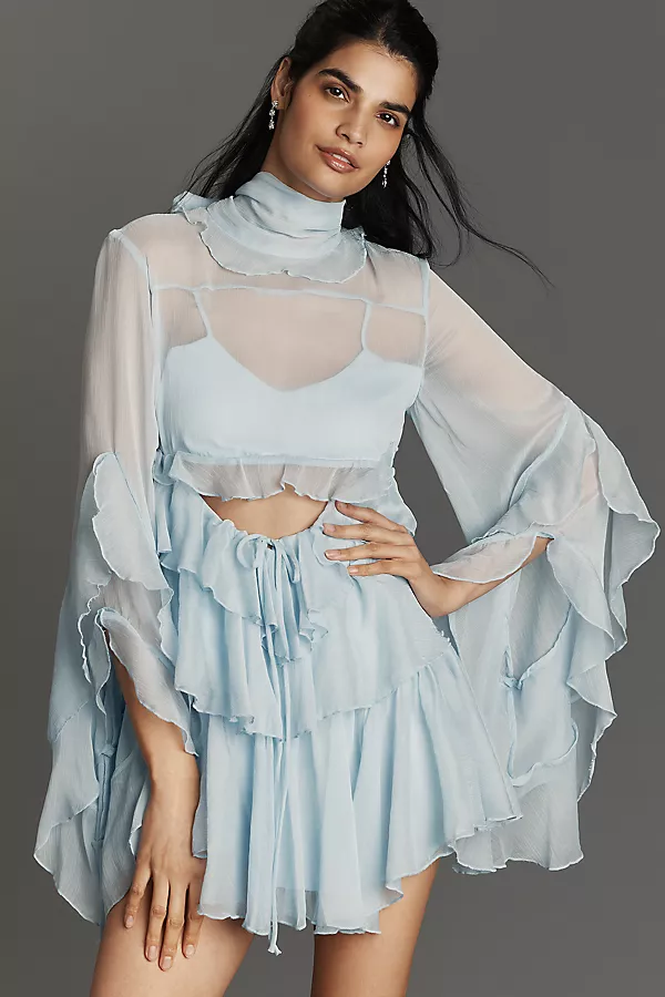 Anthropologie Bardot Anyssa Long-Sleeve Ruffle Mini Dress Soft Blue