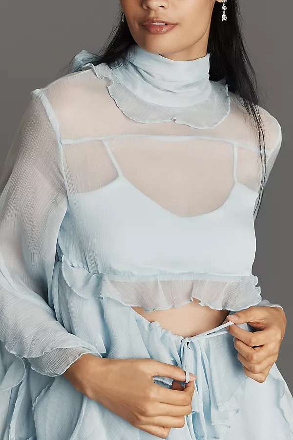 Anthropologie Bardot Anyssa Long-Sleeve Ruffle Mini Dress Soft Blue