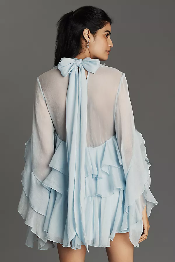 Anthropologie Bardot Anyssa Long-Sleeve Ruffle Mini Dress Soft Blue