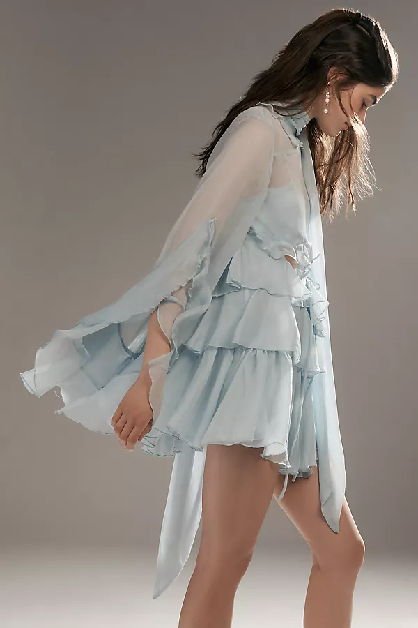 anthropologie Bardot Anyssa Long-Sleeve Ruffle Mini Dress Soft Blue