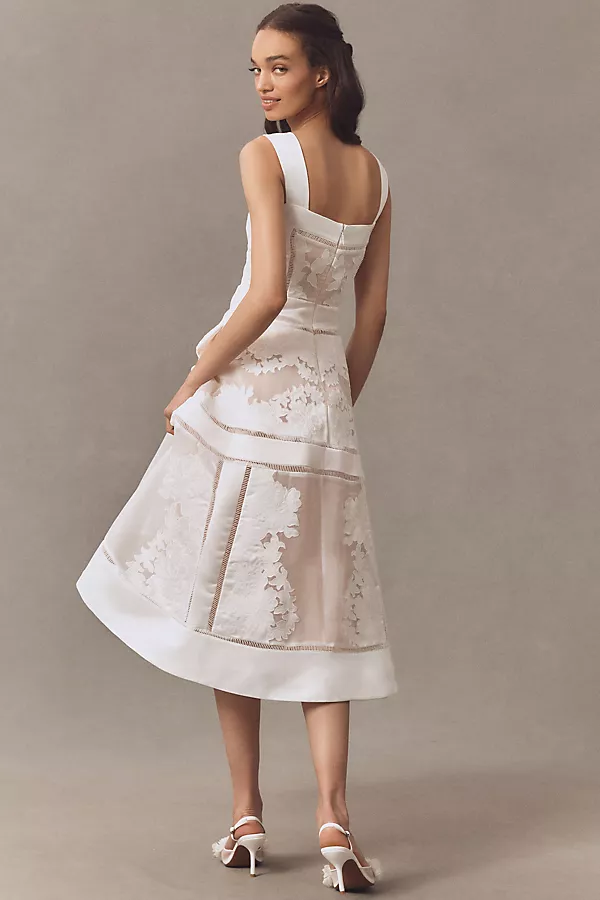 Anthropologie BHLDN Appliqué Square-Neck Fit & Flare Midi Dress WHITE DAHLIA