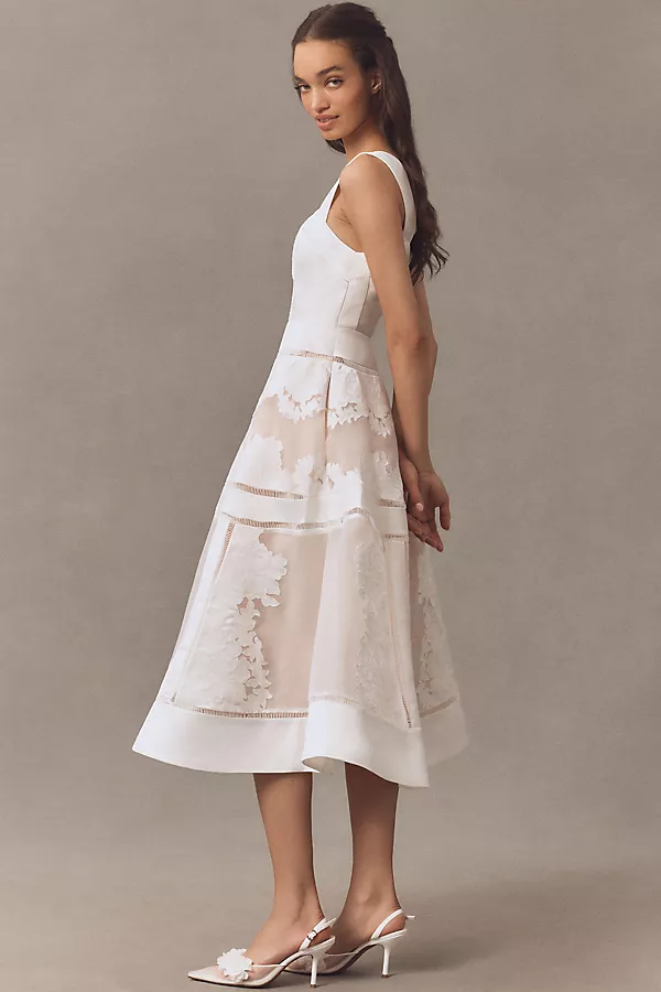 Anthropologie BHLDN Appliqué Square-Neck Fit & Flare Midi Dress WHITE DAHLIA