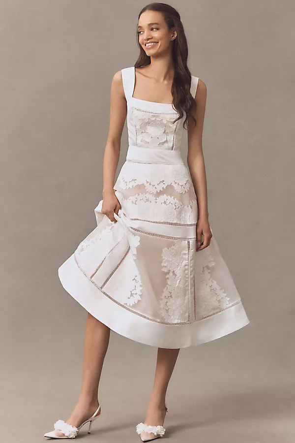 anthropologie BHLDN Appliqué Square-Neck Fit & Flare Midi Dress WHITE DAHLIA