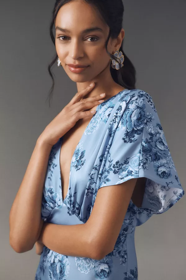 Anthropologie BHLDN Leila Deep-V Flutter-Sleeve Satin A-Line Gown Blue Cabbage Roses