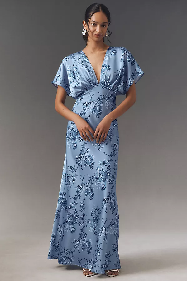anthropologie BHLDN Leila Deep-V Flutter-Sleeve Satin A-Line Gown Blue Cabbage Roses