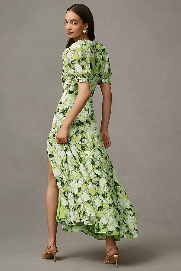 Anthropologie BHLDN Puff-Sleeve Bow-Front V-Neck Maxi Dress Fresh Lime