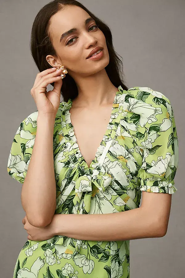 Anthropologie BHLDN Puff-Sleeve Bow-Front V-Neck Maxi Dress Fresh Lime