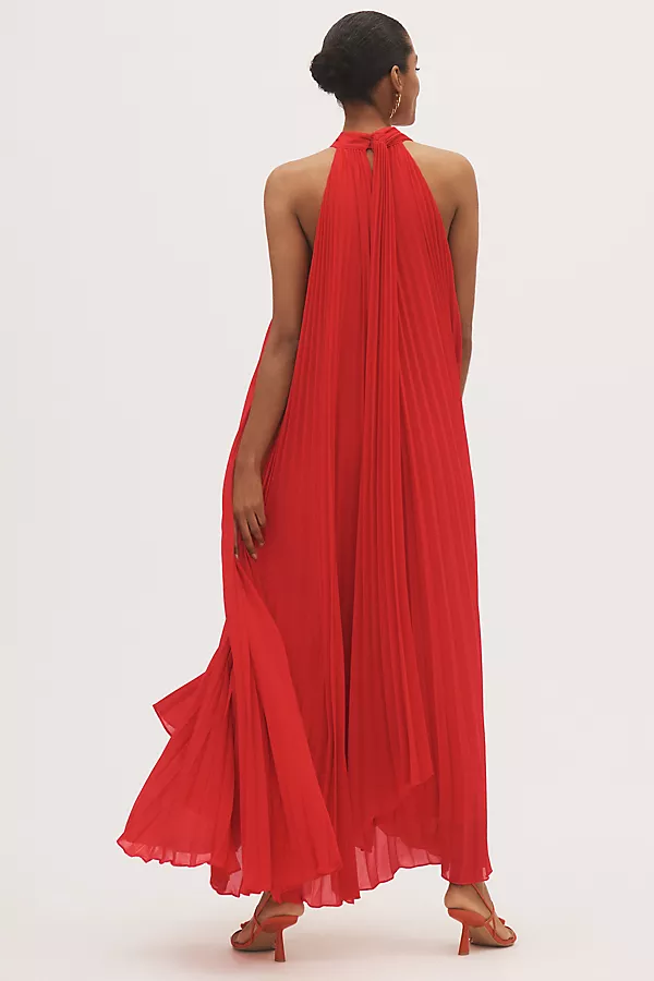 Anthropologie BHLDN Rosie High-Neck Pleated Chiffon Maxi Dress Ribbon Red