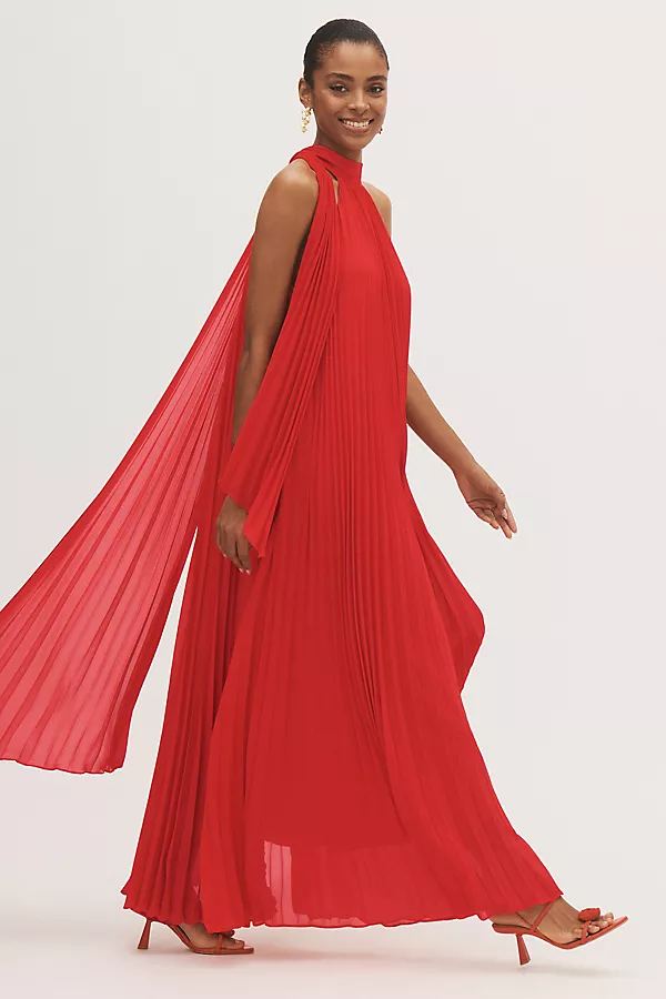 Anthropologie BHLDN Rosie High-Neck Pleated Chiffon Maxi Dress Ribbon Red