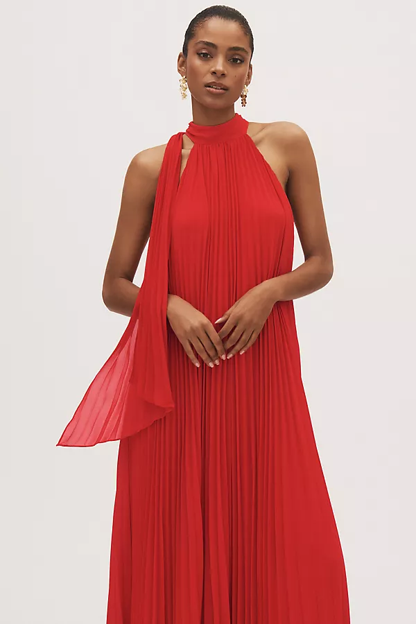 anthropologie BHLDN Rosie High-Neck Pleated Chiffon Maxi Dress Ribbon Red