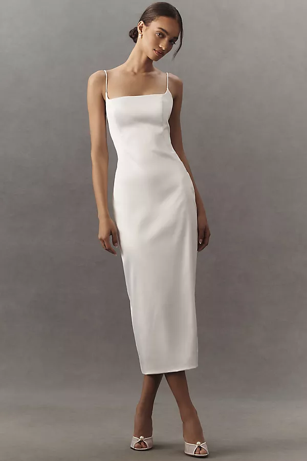 anthropologie BHLDN Square-Neck Back-Slit Slim Satin Midi Dress White