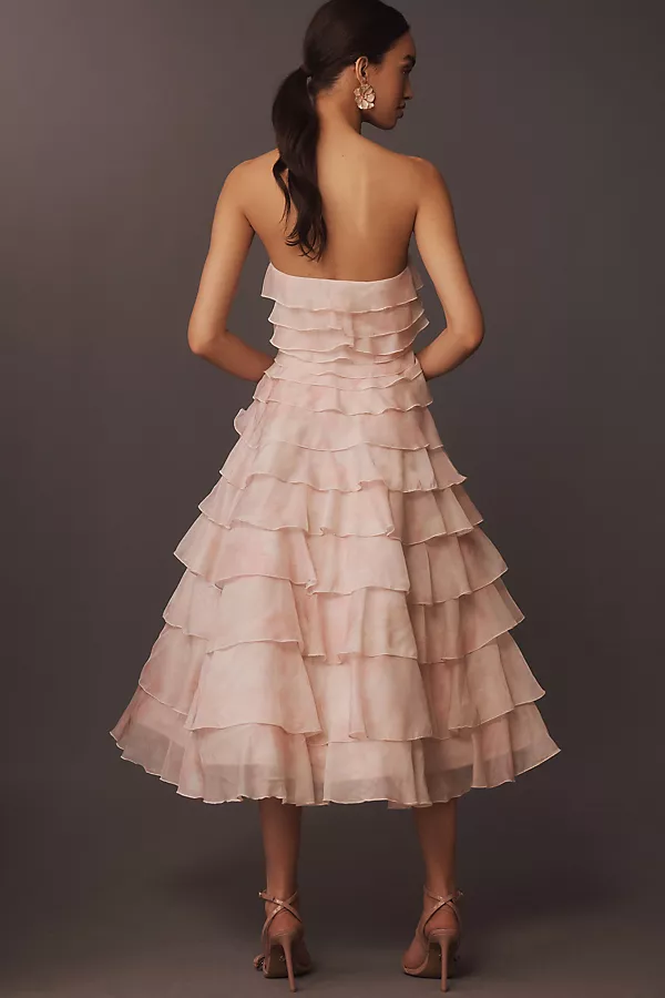 Anthropologie BHLDN Strapless Midi Ruffle Dress Blush Pink Dahlia
