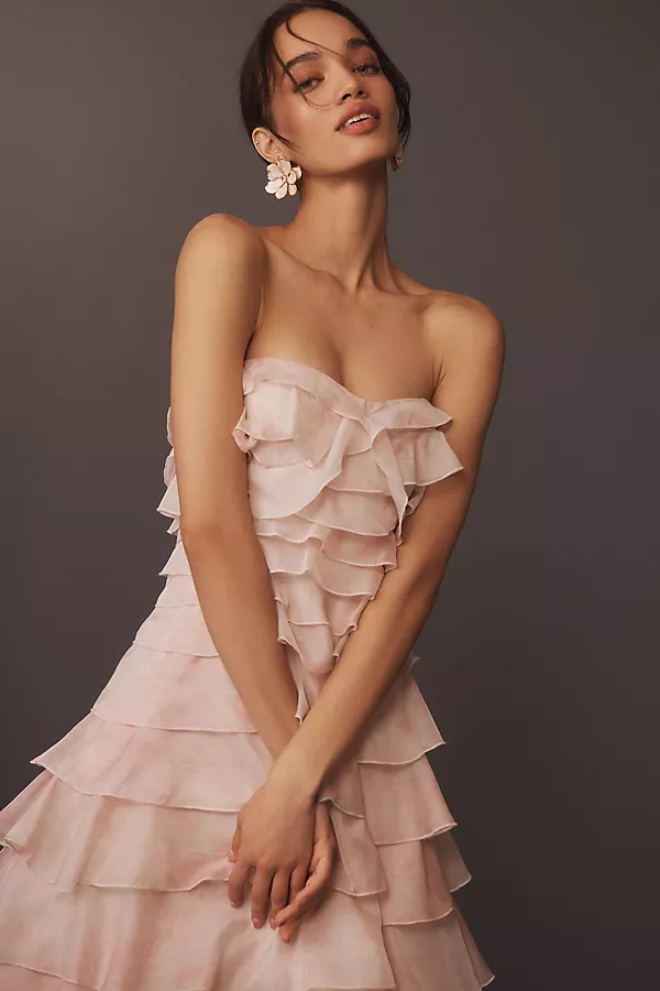 Anthropologie BHLDN Strapless Midi Ruffle Dress Blush Pink Dahlia