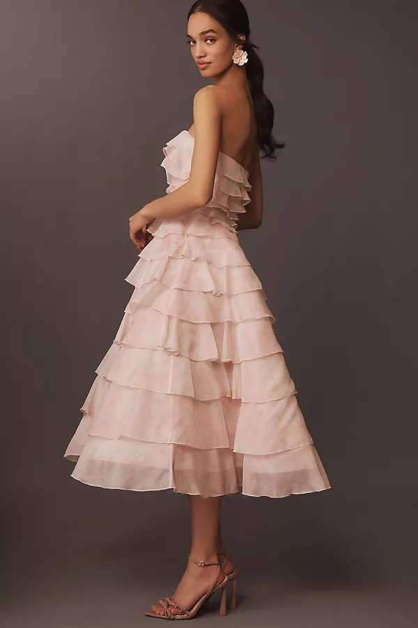 Anthropologie BHLDN Strapless Midi Ruffle Dress Blush Pink Dahlia