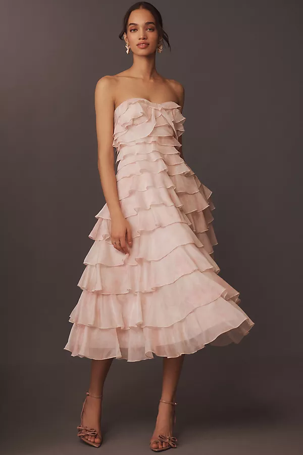 anthropologie BHLDN Strapless Midi Ruffle Dress Blush Pink Dahlia
