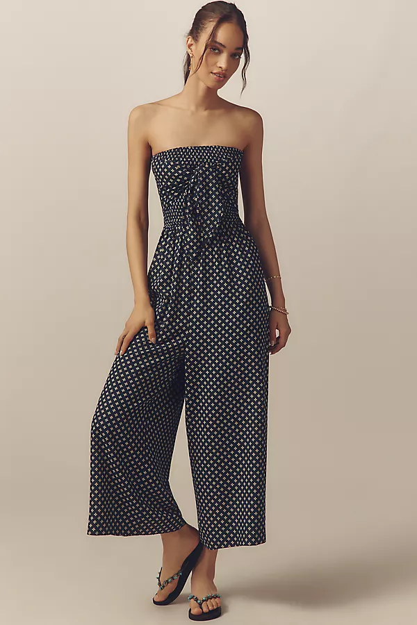 anthropologie Bishop + Young Elva Strapless Tie-Front Striped Jumpsuit Navy