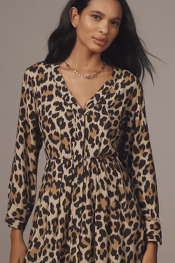 Anthropologie Bl-nk Rikke Long-Sleeve Button-Front Midi Dress Brown