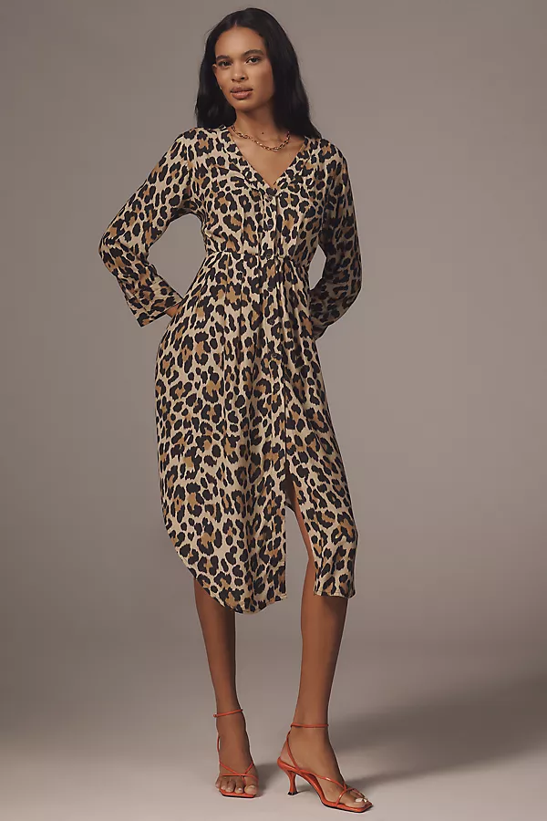 anthropologie Bl-nk Rikke Long-Sleeve Button-Front Midi Dress Brown