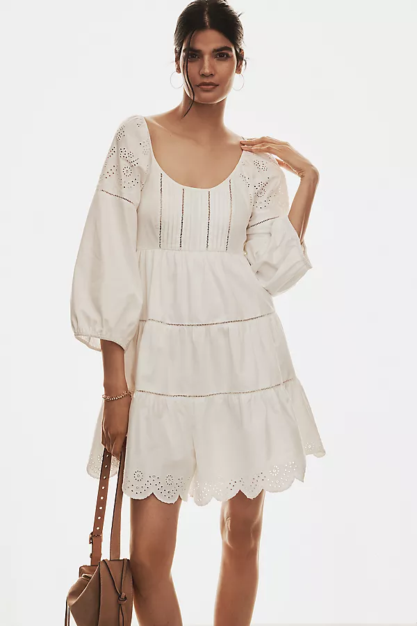 Anthropologie By Anthropologie Balloon-Sleeve Lace Scallop-Hem Romper White