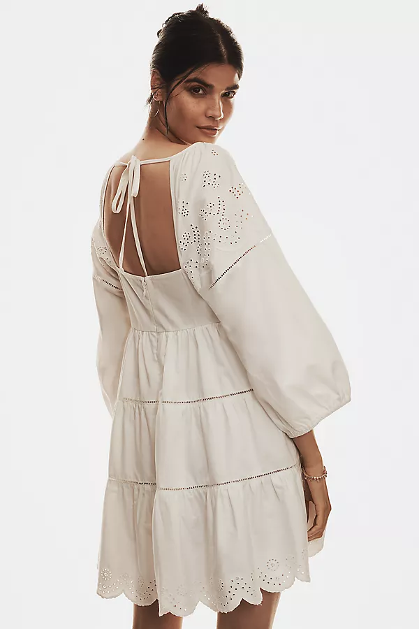 Anthropologie By Anthropologie Balloon-Sleeve Lace Scallop-Hem Romper White