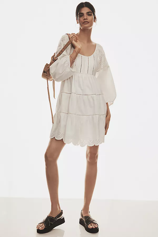 Anthropologie By Anthropologie Balloon-Sleeve Lace Scallop-Hem Romper White