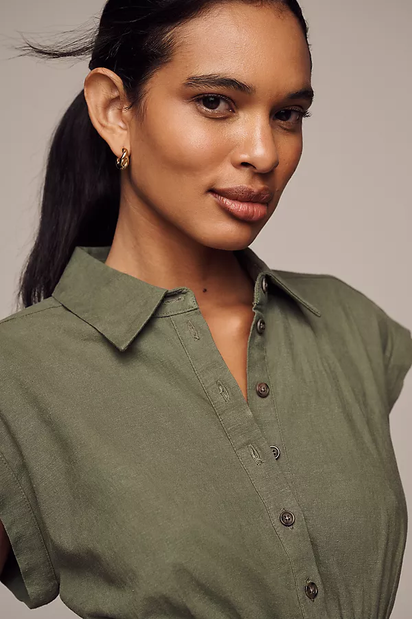 Anthropologie By Anthropologie Cap-Sleeve Collared Linen Ruched Mini Dress Green