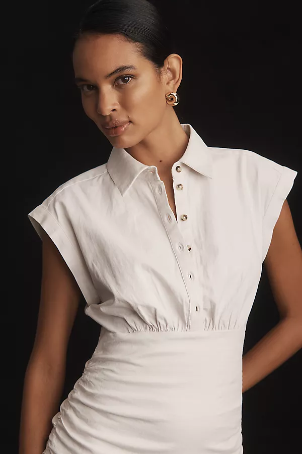 Anthropologie By Anthropologie Cap-Sleeve Collared Linen Ruched Mini Dress Neutral