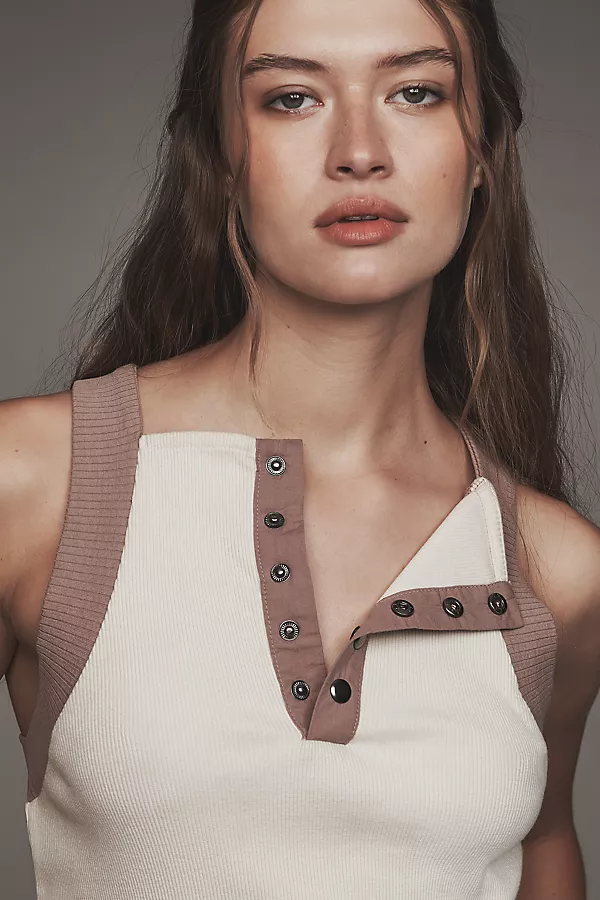 Anthropologie By Anthropologie Colorblock Snap-Front Tank Top Ivory