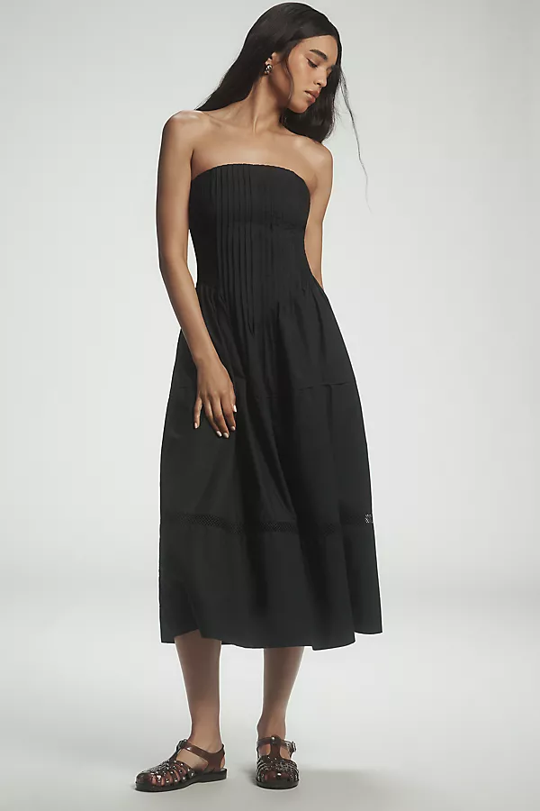 Anthropologie By Anthropologie Cotton Poplin Strapless Midi Dress Black